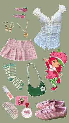 the contents of a doll's outfit including shoes, purses and other items