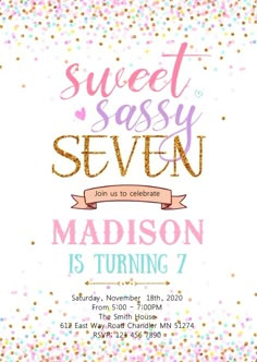 the sweet sasy seven birthday party is set up with confetti and glitter