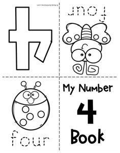 printable worksheet for children to practice numbers and counting the number four in each book