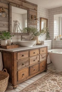 a bathroom with a tub, sink and mirror in it's centerpieces