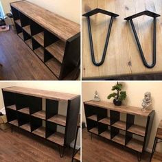 four different views of a wooden shelf with black metal legs and shelves on each side