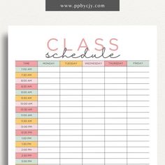 the printable class schedule is shown in pink, yellow and green with an orange stripe