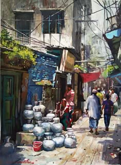 an oil painting of people walking down a street with pots on the sidewalk and buildings in the background