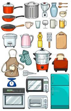 a bunch of different types of kitchen appliances on a white background - objects illustrations and clippings