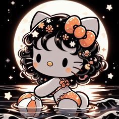 hello kitty is sitting on the water in front of a full moon