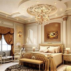 an elegant bedroom with chandelier, bed and couch in the middle of it