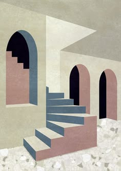 an abstract painting of stairs and arches in a building with stone flooring on the ground