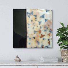 an abstract painting on a white wall next to a potted plant and bookshelf