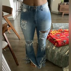 Medium Blue Stonewashed Denim. High Waisted, Bootcut Fit. Shredded Detail On Both Legs. Button Zip Closure. Front Pockets Aren’t Functional. Lots Of Stretch. 11 Inch Rise In Front And 14 In Back. 33 Inch Inseam. Waist 26-28 Inches. Excellent Condition. New, Never Worn. Shredded Jeans, Fashion Nova Plus Size, Wood Nymph, Mid Rise Flare Jeans, Blue Flare Jeans, Distressed Mom Jeans, Flare Denim Jeans, High Waisted Flares, Jeans Fashion