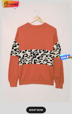 Red Leopard Colorblock V Neck Knit Sweater Winter Crew Neck Sweater With Splicing, Orange Color Block Long Sleeve Sweater, Orange Color Block Crew Neck Sweater, Casual Color Block Sweater, Red Patchwork Sweater, Red Knit Sweater With Patchwork, Red Patchwork Knit Sweater, Fall Color Block Sweatshirt, Red Patchwork Sweater For Fall