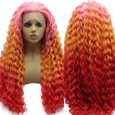 24” Pink Red Orange Ombre Kinky Curly Lace Front Wig *New* Arrives New 150-180% Density Color : ( Color As Shown ) Lace Front Human Synthetic Blend Wig You Can Cut , Curl , And Style This Wig Heat Resistant Up To 315f 22.5 In Circumference Hand Tied - Check My 5 Star Reviews You Could Cut The Front Lace To Blend As Your Own Hairline I Do Not Trade On Any Of My Wigs Don’t Forget To Bundle With The Got2b Ultra Gel Or Ghost Bond To Save 10% Off $ Red To Orange Ombre Hair, Orange Ombre Hair, Red Hair With Blonde Highlights, Blend Wig, Fire Hair, Vision Quest, Orange Ombre, Curly Lace Front Wigs, Hair Stuff