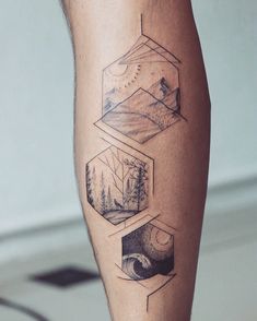 a man's leg with three different pictures on it and trees in the background