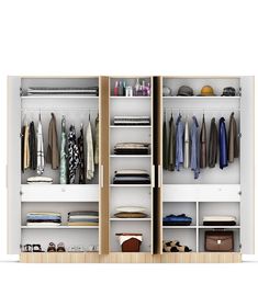 an open closet with clothes and shoes in it on the shelf next to other items