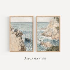 two framed pictures with the words aquamarinee in front of them on a white background