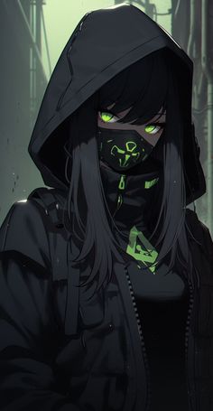 a person wearing a black hood and green eyes