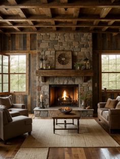 a living room with couches, chairs and a fire place in the middle of it