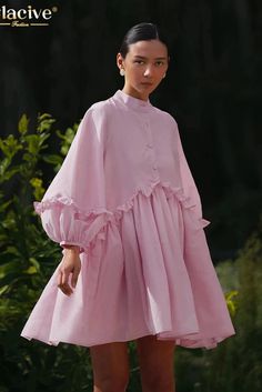 KAVAW - Elegant Lapel Puff Sleeve Mini Dress Loose Mini Dress, Puff Sleeve Mini Dress, Female Dress, Mini Dress Fashion, Dress 2024, Pink M, Pink Mini Dresses, Mini Dress With Sleeves, Lapel Collar