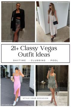 four different styles of dresses with the words, 21 classy vegas outfit ideas