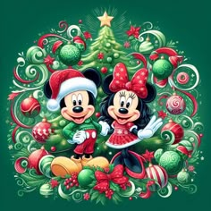 two mickey and minnie mouses in front of a christmas tree