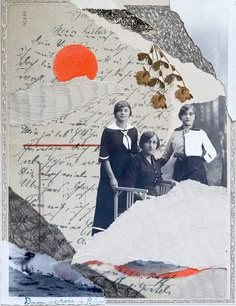 two women and a child standing in front of a collage with writing on it