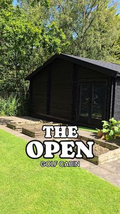 the open golf cabin is located in front of some trees