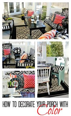 a collage of photos showing different types of chairs and couches with the words how to decorate your porch with color