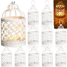 a white birdcage filled with candles next to other decorative items on a table