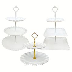 three tiered serving trays with gold handles