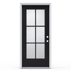 a black and white door with four panes on the front, side and top