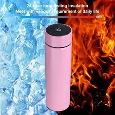 a pink trash can sitting in front of a fire and ice covered background with the words, 25 hour long insulation meet with various equipment of daily life