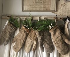 three stockings hanging from the wall with plants in them