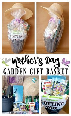 the mother's day garden gift basket is shown in three different pictures with text overlay