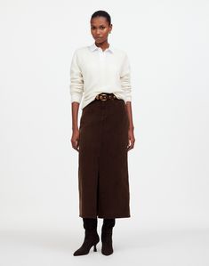 36' long (based on size 6). 89% cotton/9% viscose/2% elastane. Pockets. Machine wash. Imported. Madewell.com only. Corduroy Skirt Outfit, Corduroy Midi Skirt, Millennial Fashion, Senior Fashion, Millennials Fashion, Winter Shopping, Skirts Denim, My Shopping List, Denim Skirts