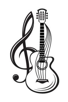 an acoustic guitar with musical notes in the shape of a treble on a white background