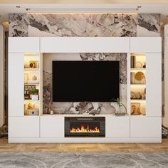 an entertainment center with a fireplace and built - in shelving unit, surrounded by marbled walls