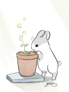 a small white mouse standing next to a potted plant