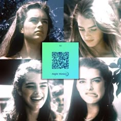 four different pictures of a woman with long hair and blue eyes, one has a qr code on her face