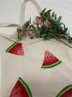 #Watermelon #handpainted #summer #totebag Canvas Bag Design Ideas Easy Diy, Hand Painted Tote Bag For Everyday Use, Tote Bag Painting Ideas Easy, Easy Tote Bag Painting, Casual Hand Painted Canvas Bag, Bday Activities, Green Hand Painted Tote Bag, Totebag Painting, Fruit Tote Bag Painting