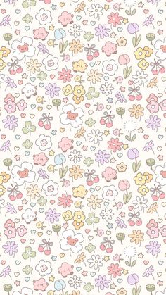 a white background with many different flowers and butterflies on the bottom right hand corner, in pastel colors