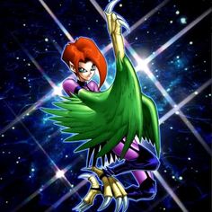 an animated character with red hair and green wings flying through the air in front of stars