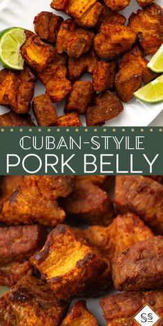 the recipe for cuban style pork belly is shown on a white plate with lime wedges