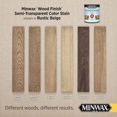 several different types of wood finishes are shown in this ad for minwax furniture