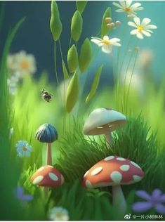 some mushrooms and daisies are in the grass with ladybug's flowers