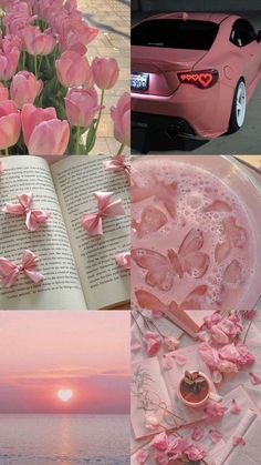 pink flowers and an open book with the sun setting in the background, on a table