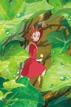 a girl in a red dress standing on top of a green leaf covered tree branch