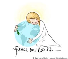 a drawing of a woman hugging the earth with peace on earth written in black ink