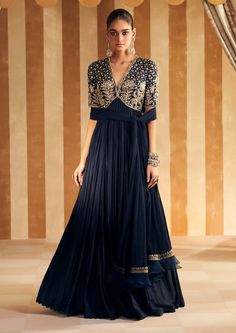 Navy Zarqaa Anarkali And Dupatta by Ridhi Mehra, available on Indiaspopup.com Shalwar Kameez Designs, 2024 Clothes, Blue Anarkali, Ridhi Mehra, Indian Wedding Gowns, Long Anarkali, Kameez Designs, Set Saree, Embroidered Crop Tops