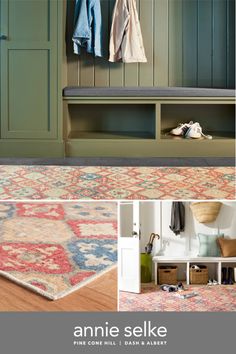 an image of a room with furniture and rugs on the floor, including a bench