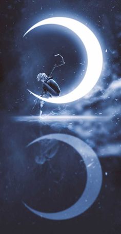 an artistic photo of a person sitting on a crescent with the moon in the background