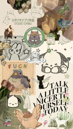 an assortment of stickers that include animals, flowers and other things in the background